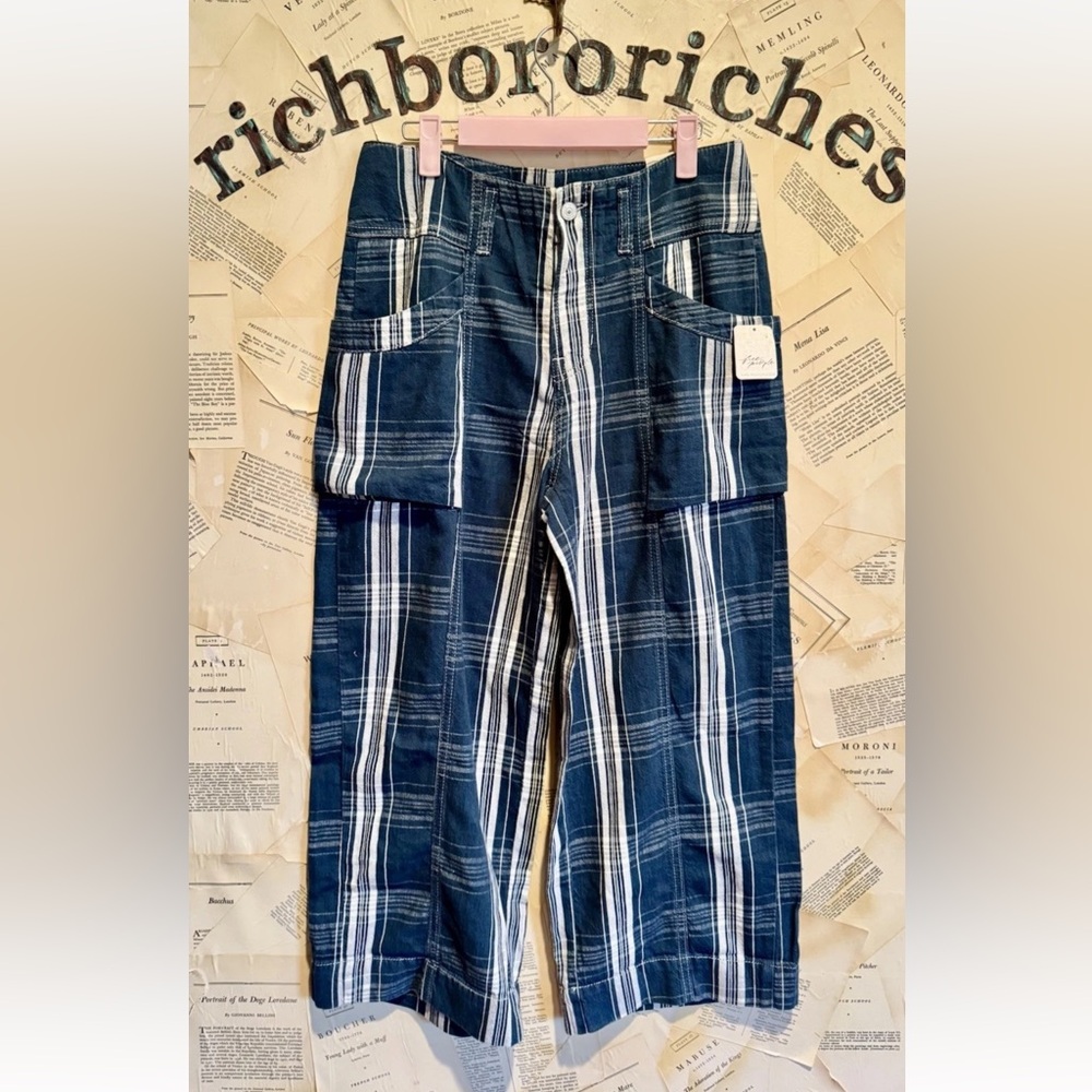 Free People Rose Hall Low Slung Trousers We The Free Side Pockets Blue Motif - Picture 6 of 7
